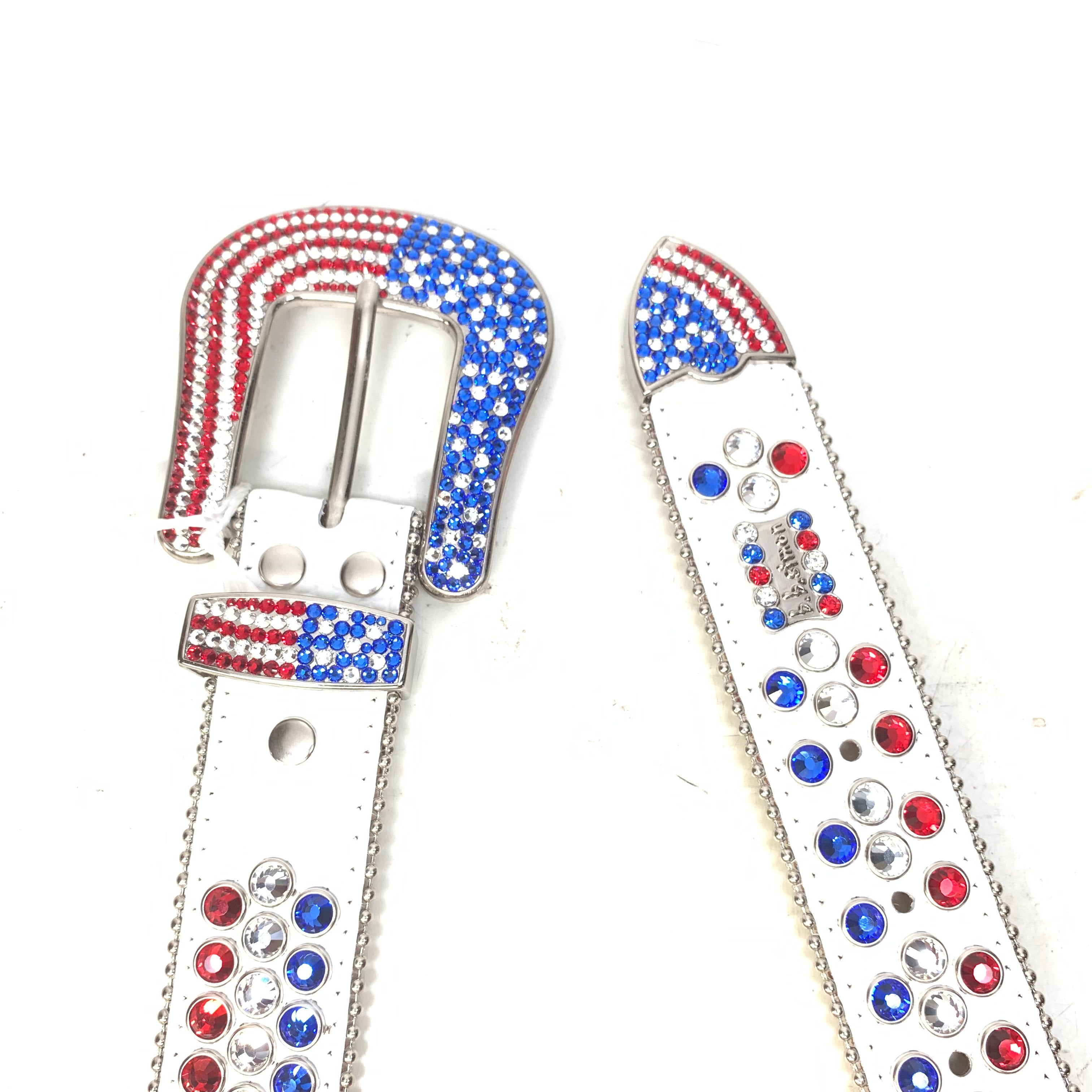 b.b. Simon American Flag White Fully Loaded Crystal Belt - Dudes Boutique