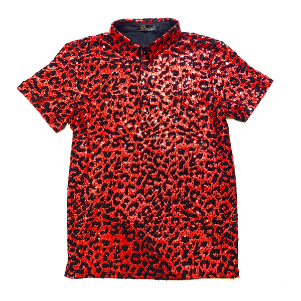 Barocco Red Leopard Sequin Polo Shirt - Dudes Boutique