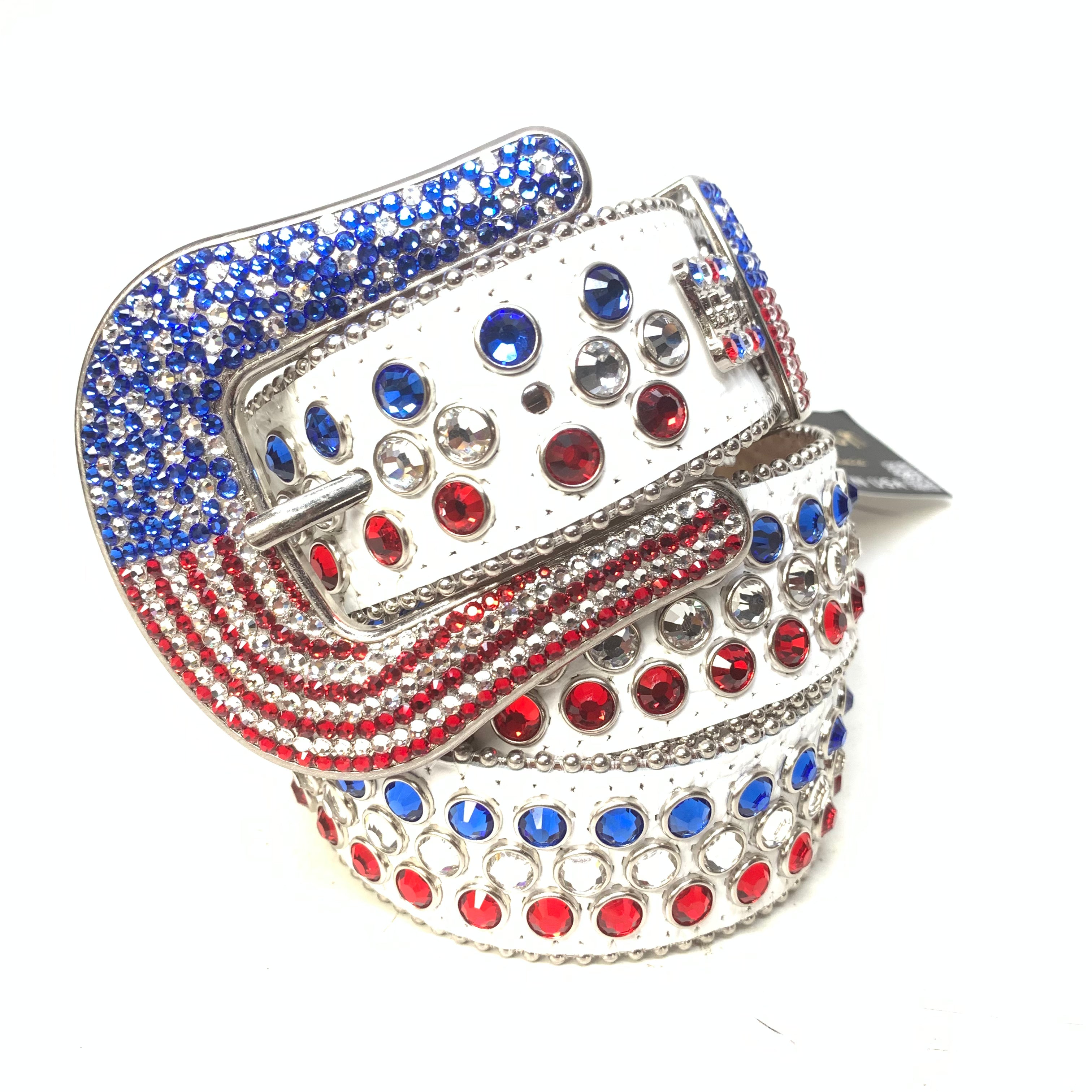 b.b. Simon American Flag White Fully Loaded Crystal Belt - Dudes Boutique