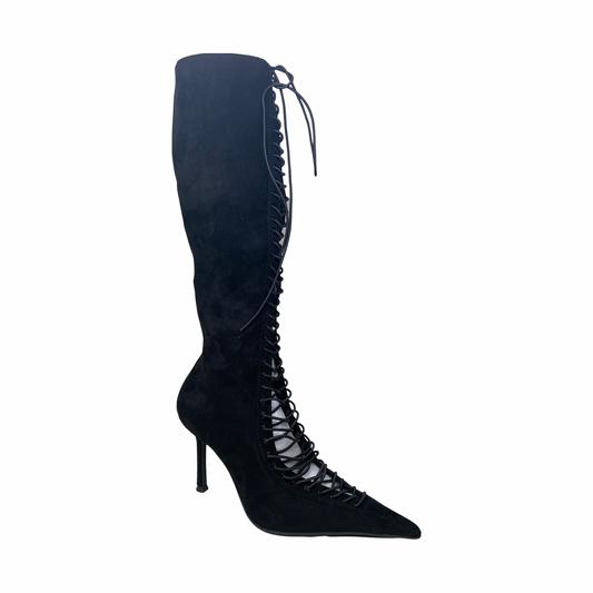 Jeffrey Campbell Disclose Black Suede Lace Up Knee Boots - Dudes Boutique
