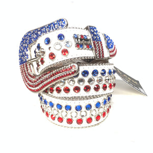 b.b. Simon American Flag White Fully Loaded Crystal Belt - Dudes Boutique