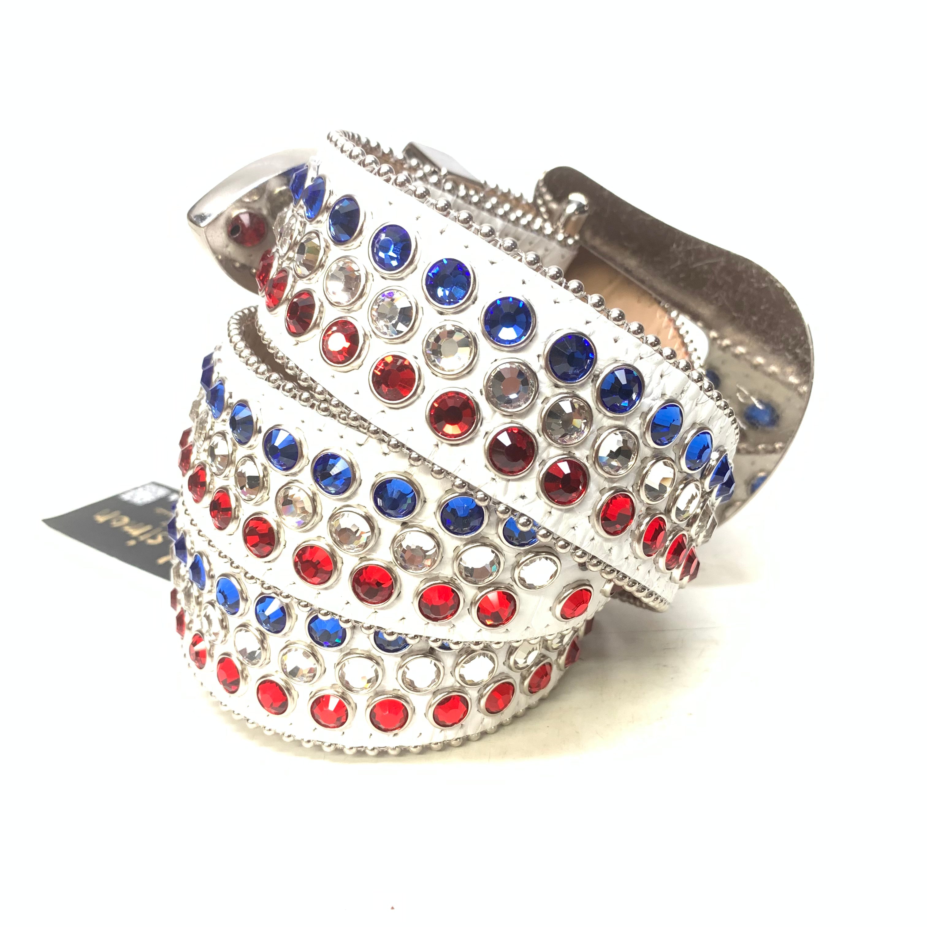 b.b. Simon American Flag White Fully Loaded Crystal Belt - Dudes Boutique