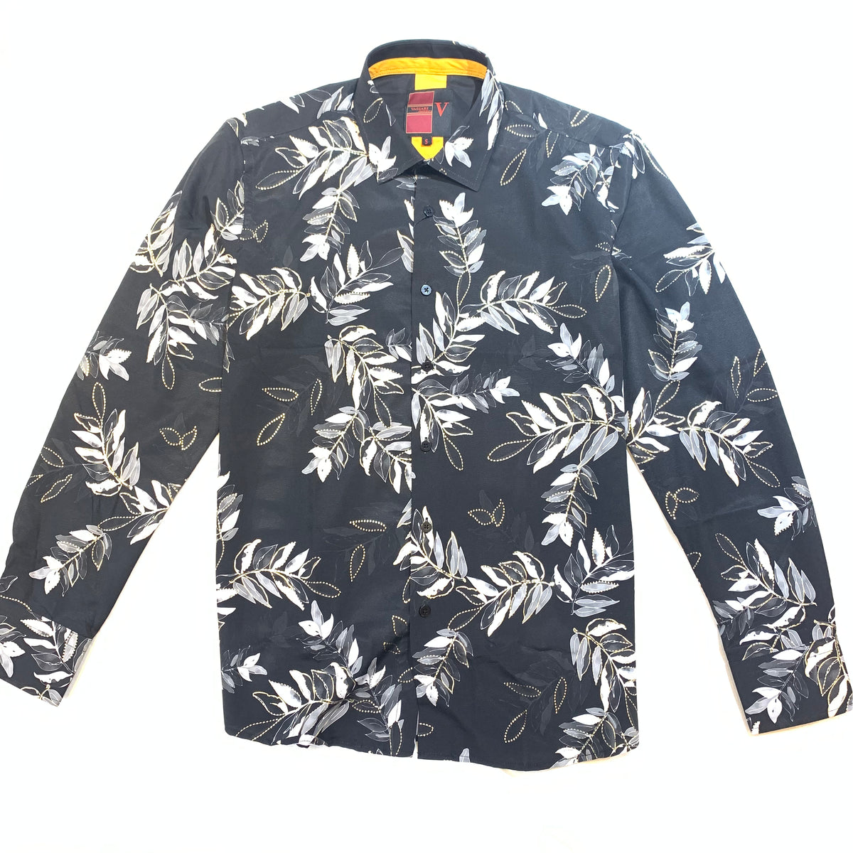 Vassari Black Gold Lined Leaf Button Up Shirt - Dudes Boutique