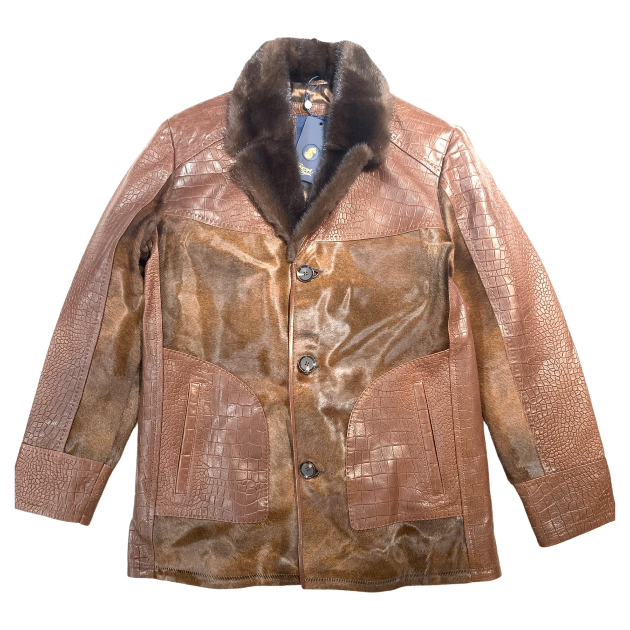 Barya NewYork Mocha Pony Hair/ Lambskin Mink Collar Peacoat - Dudes Boutique