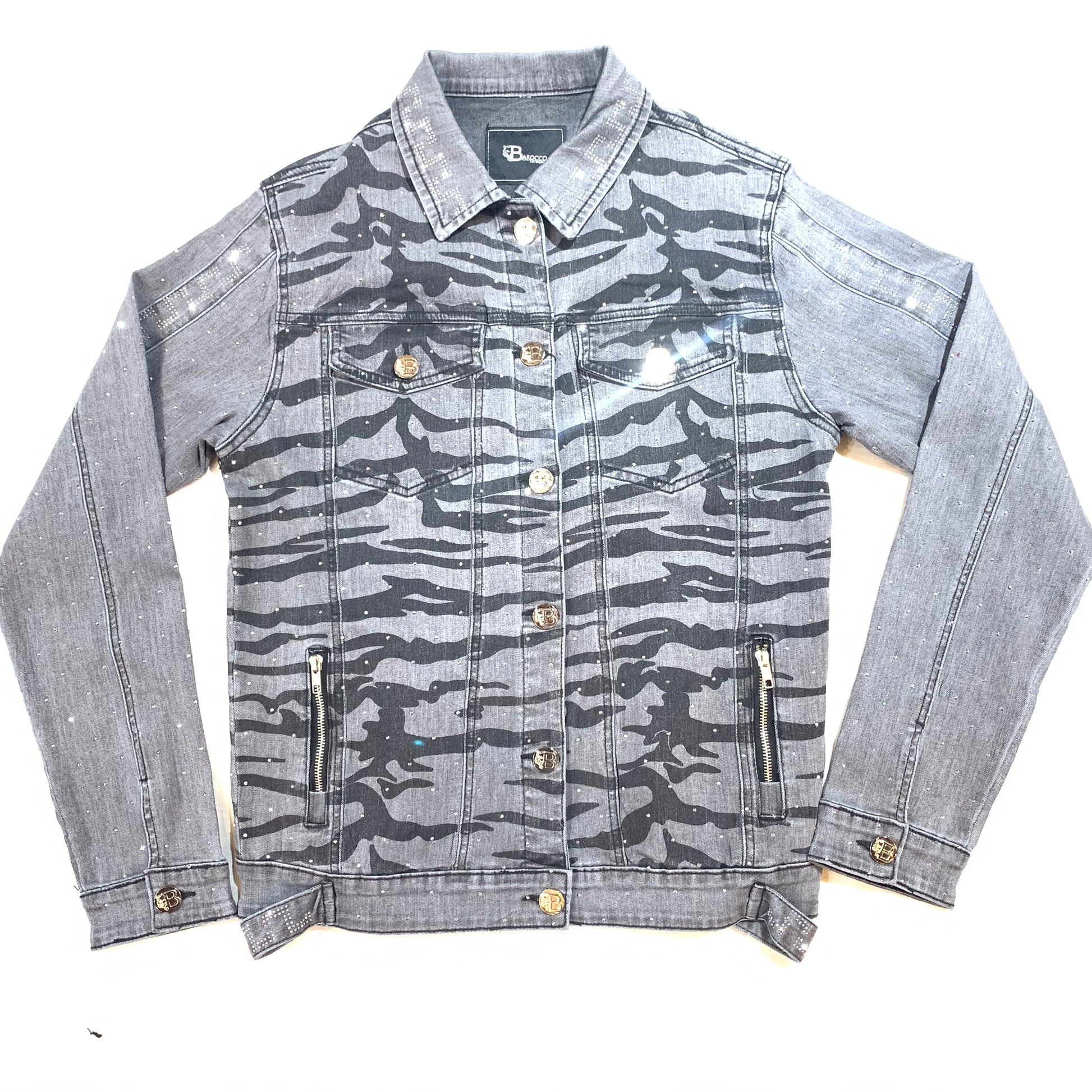 Barocco Men's Charcoal Crystal Key Denim Jacket - Dudes Boutique
