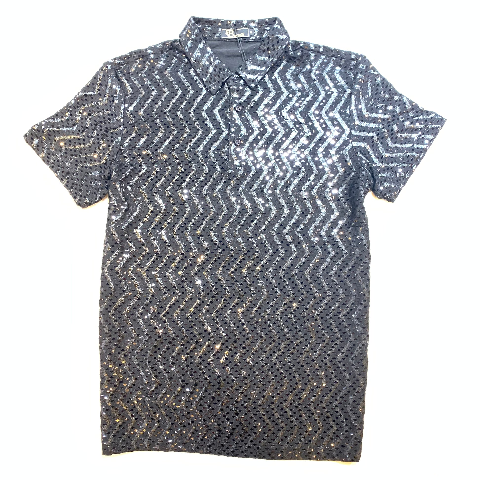 Barocco Jet Black Diamond Sequin Polo Shirt - Dudes Boutique
