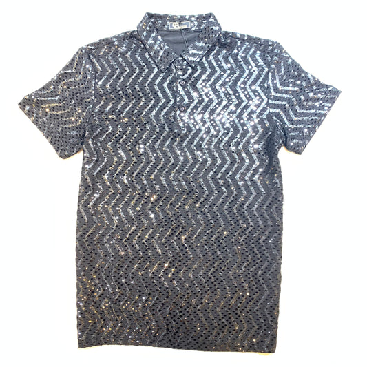Barocco Jet Black Diamond Sequin Polo Shirt - Dudes Boutique