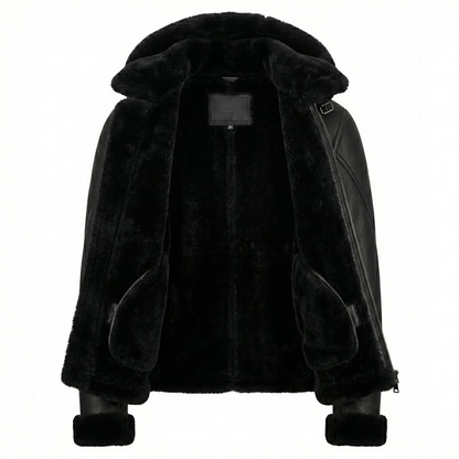 Kashani Black Shearling Hooded Jacket w/Detachable Hood