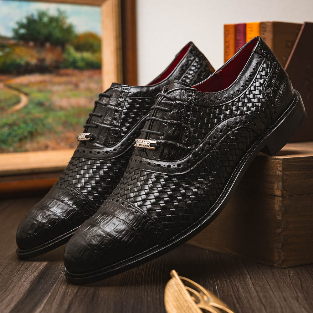 Marco Di Milano John Black Woven Leather & Crocodile Dress Shoes - Dudes Boutique