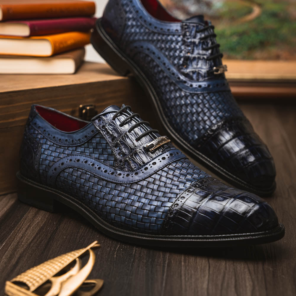 Marco Di Milano John Navy Woven Leather & Crocodile Dress Shoes - Dudes Boutique