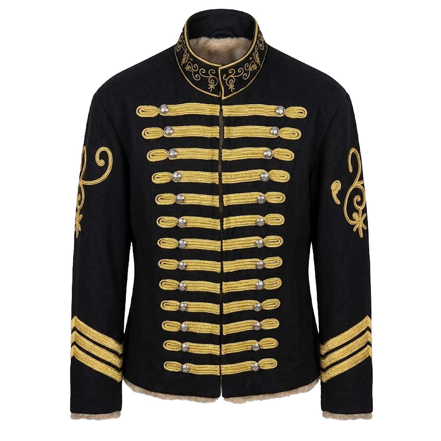 BlackBomb Sergeant Major Soutache Jacket in Black/Gold, Fur-Lined