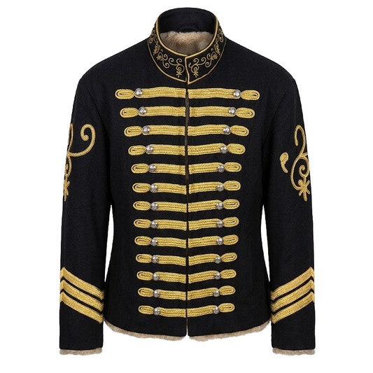 BlackBomb Sergeant Major Soutache Jacket in Black/Gold, Fur-Lined
