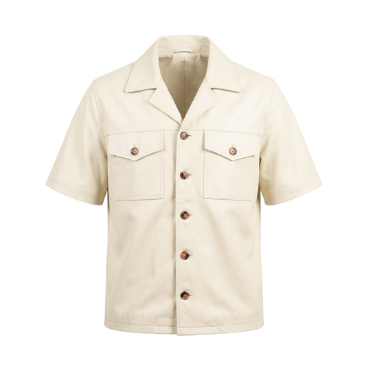 Kashani Cream Lambskin Leather Cuban Collar Shirt