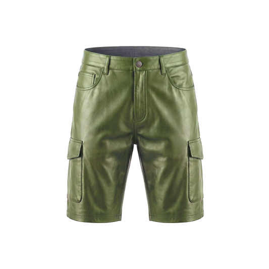 Kashani Olive Green Lambskin Leather Cargo Shorts