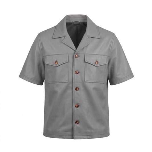 Kashani Grey Lambskin Leather Cuban Collar Shirt