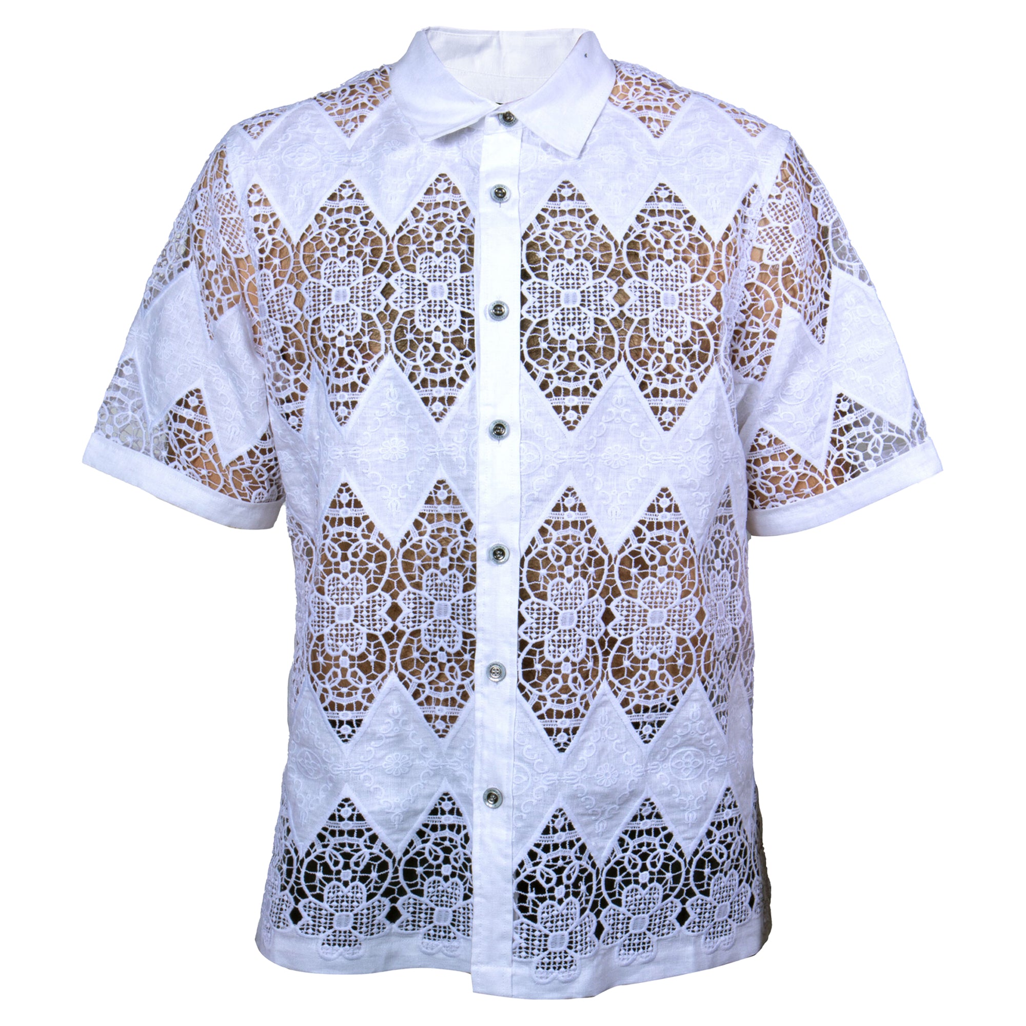 Prestige White Lace Cut-Out Short Sleeve Button-Up Shirt