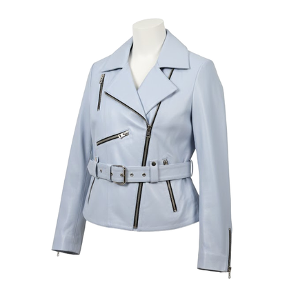 Kashani women's blue cropped lambskin leather biker jacket