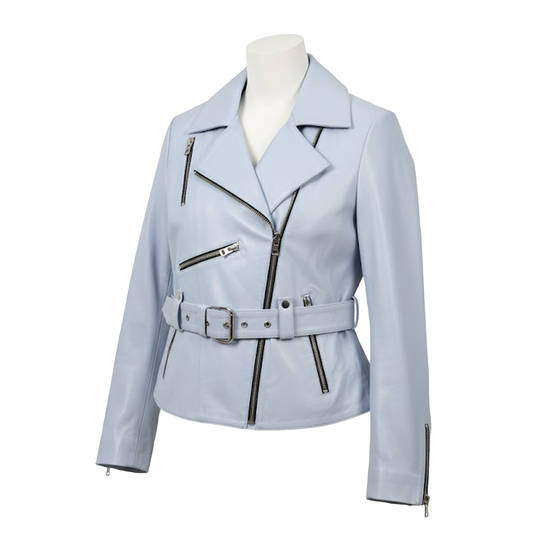 Kashani Women's Blue Cropped Lambskin Leather Trench Biker Jacket