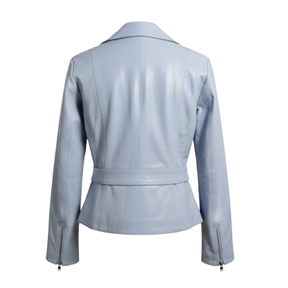 Kashani women's blue cropped lambskin leather biker jacket