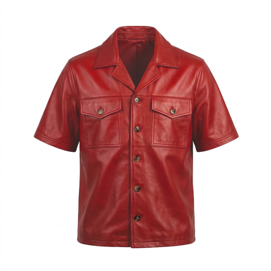 Kashani Red Lambskin Leather Cuban Collar Shirt