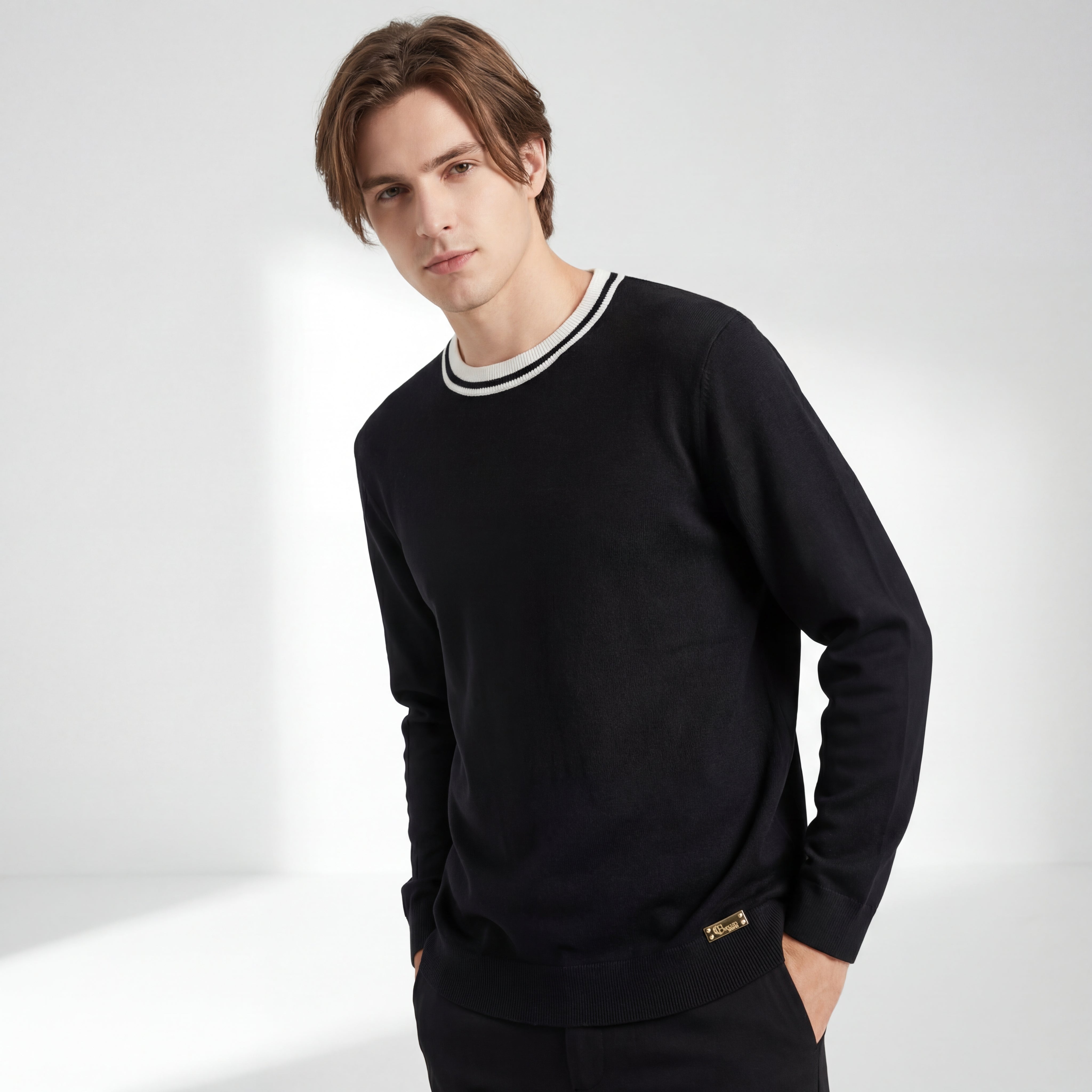 Halo Contrast Collar Knit LS BLACK