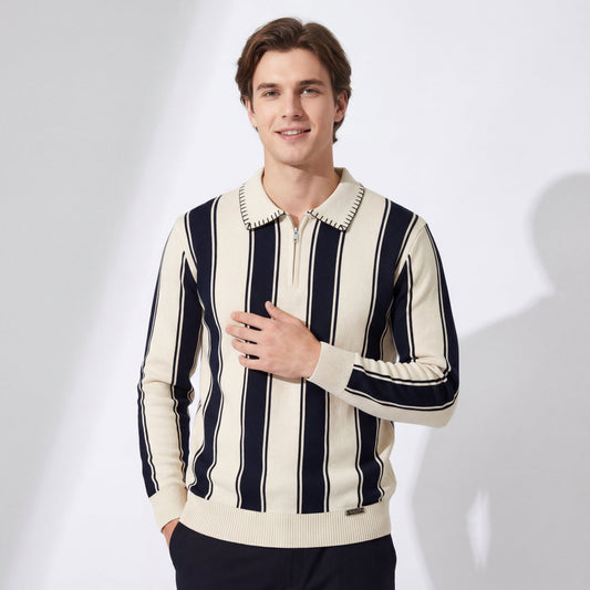 Vanguard Stripe Knit Polo LS IVORY