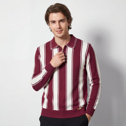 Vanguard Stripe Knit Polo LS WINE