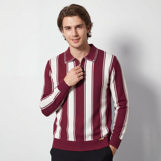 Vanguard Stripe Knit Polo LS WINE