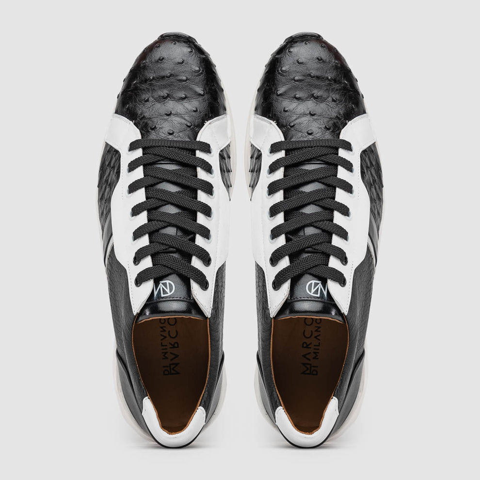 Marco Di Milano Lyon II Black / White Ostrich Quill & Calfskin Sneakers - Dudes Boutique