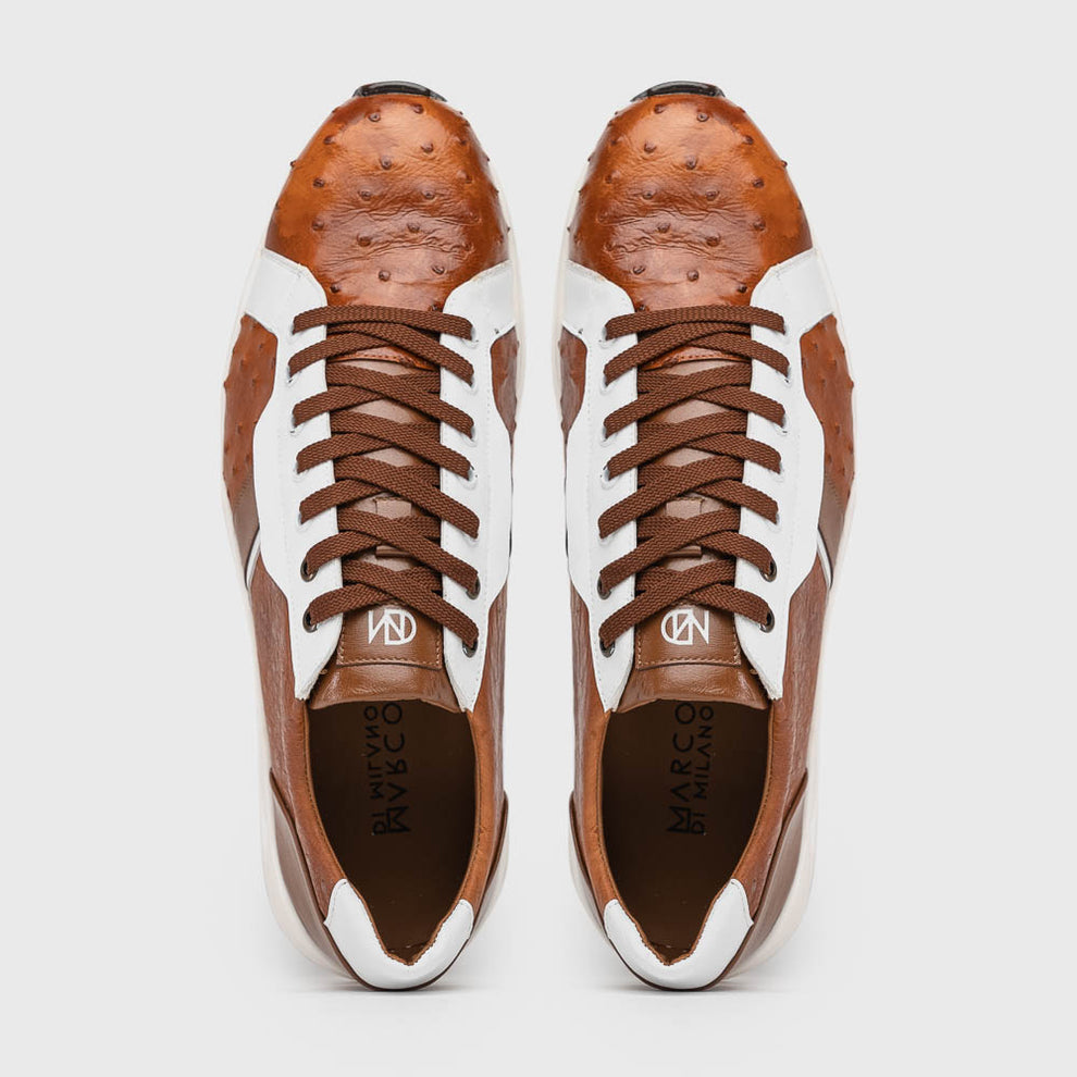 Marco Di Milano Lyon II Brandy / White Ostrich Quill & Calfskin Sneakers - Dudes Boutique