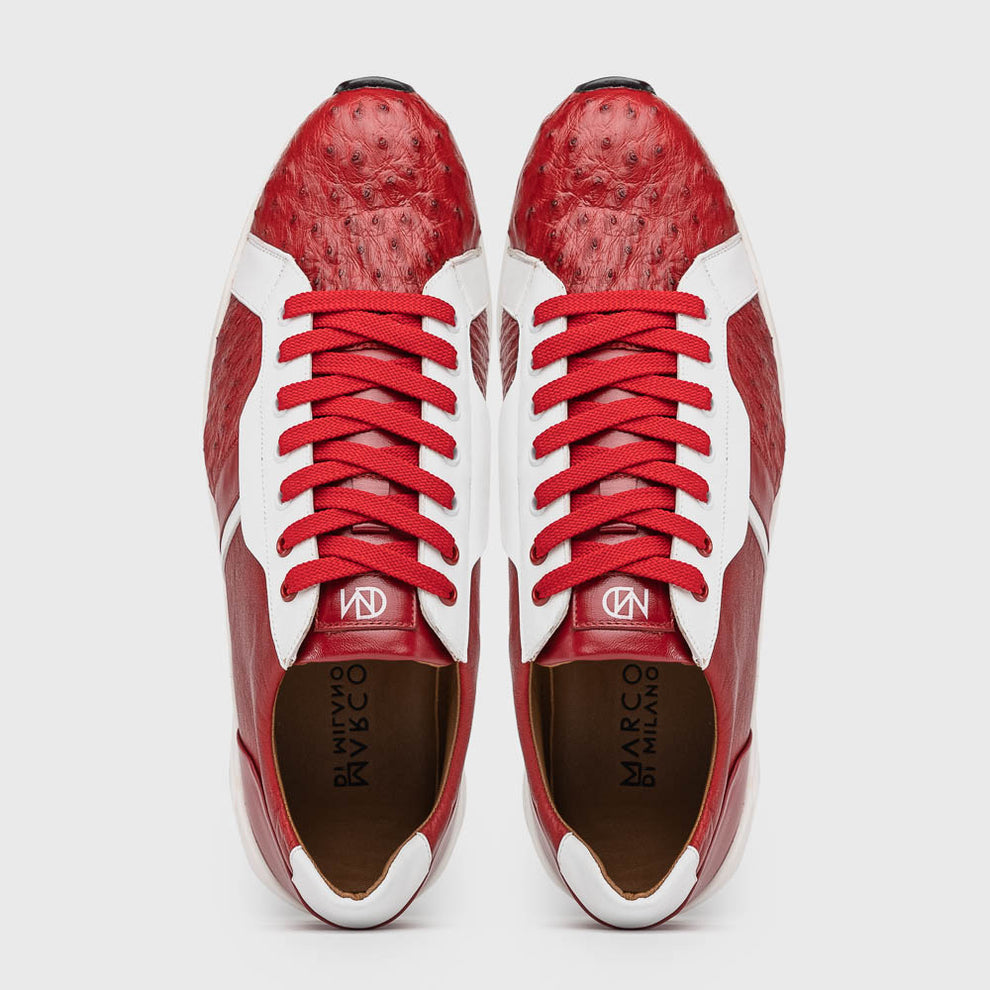 Marco Di Milano Lyon II Red / White Ostrich Quill & Calfskin Sneakers - Dudes Boutique