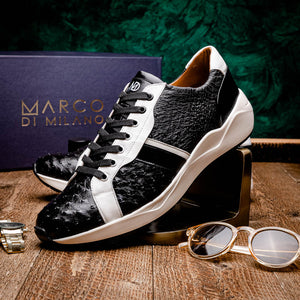 Marco Di Milano Lyon II Black / White Ostrich Quill & Calfskin Sneakers - Dudes Boutique