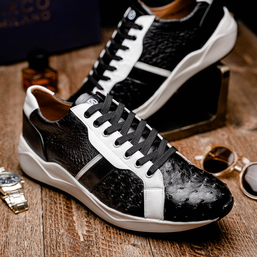 Marco Di Milano Lyon II Black / White Ostrich Quill & Calfskin Sneakers - Dudes Boutique