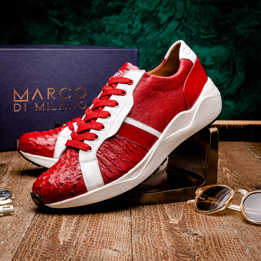 Marco Di Milano Lyon II Red / White Ostrich Quill & Calfskin Sneakers - Dudes Boutique