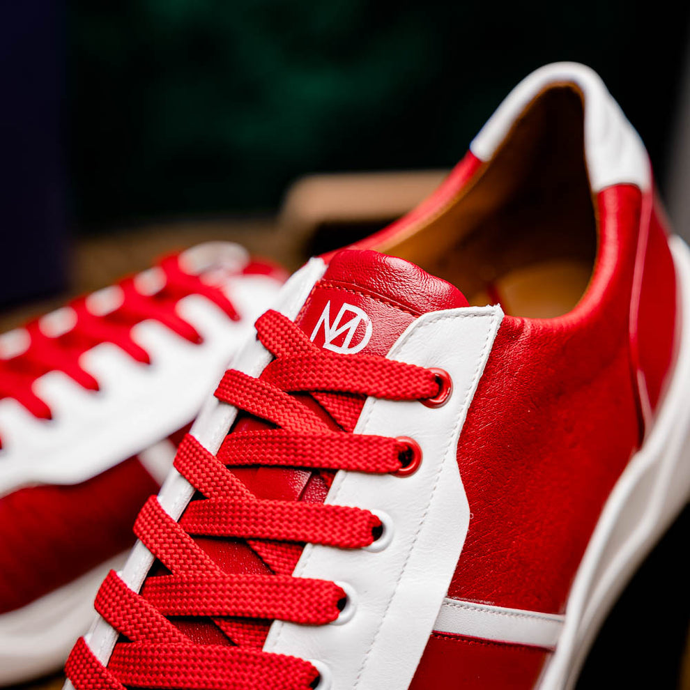 Marco Di Milano Lyon II Red / White Ostrich Quill & Calfskin Sneakers - Dudes Boutique