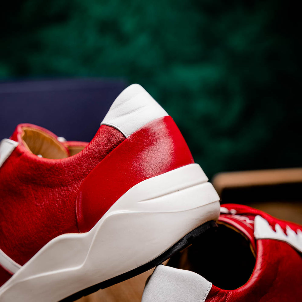 Marco Di Milano Lyon II Red / White Ostrich Quill & Calfskin Sneakers - Dudes Boutique