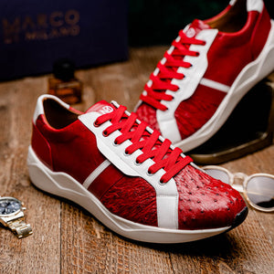 Marco Di Milano Lyon II Red / White Ostrich Quill & Calfskin Sneakers - Dudes Boutique