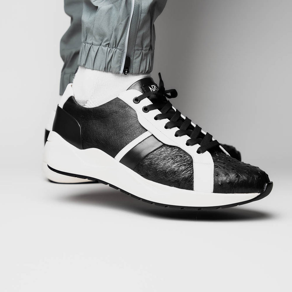 Marco Di Milano Lyon II Black / White Ostrich Quill & Calfskin Sneakers - Dudes Boutique