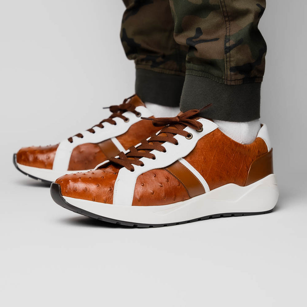 Marco Di Milano Lyon II Brandy / White Ostrich Quill & Calfskin Sneakers - Dudes Boutique