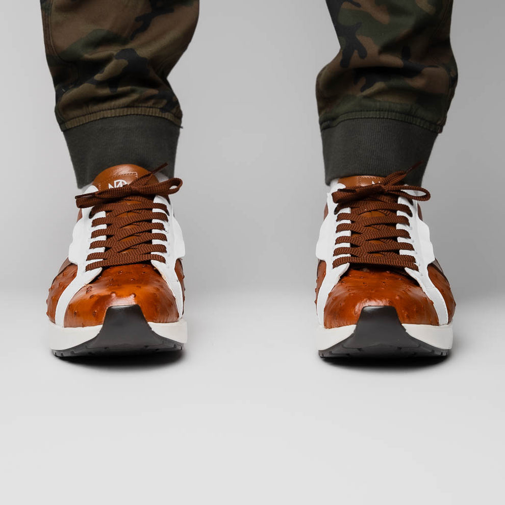 Marco Di Milano Lyon II Brandy / White Ostrich Quill & Calfskin Sneakers - Dudes Boutique