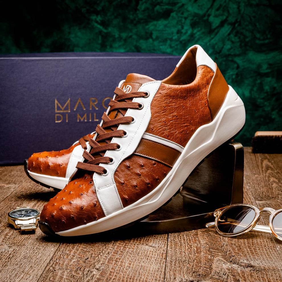 Marco Di Milano Lyon II Brandy / White Ostrich Quill & Calfskin Sneakers - Dudes Boutique