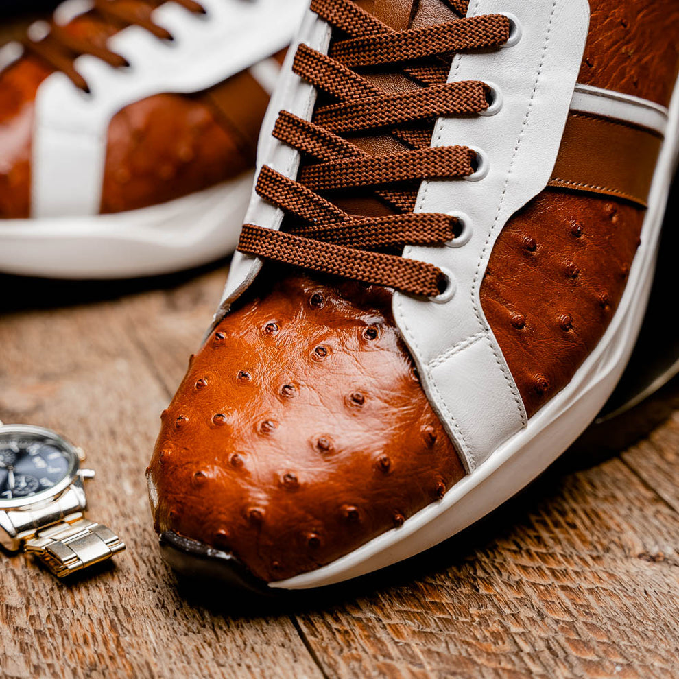 Marco Di Milano Lyon II Brandy / White Ostrich Quill & Calfskin Sneakers - Dudes Boutique