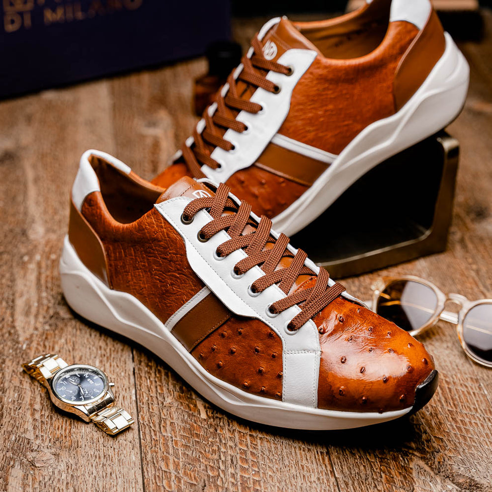 Marco Di Milano Lyon II Brandy / White Ostrich Quill & Calfskin Sneakers - Dudes Boutique