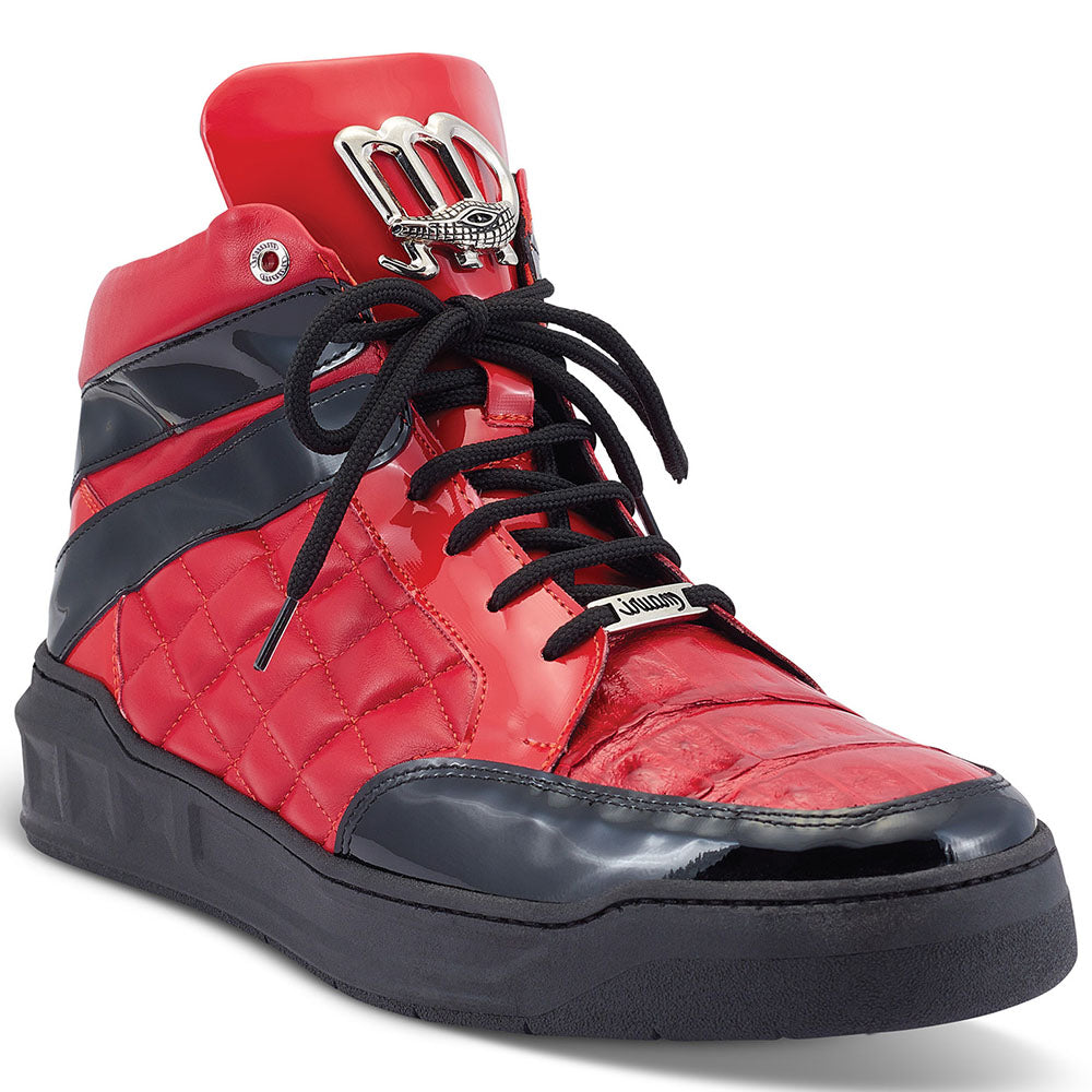 Mauri 8499 Patent / Calfskin / Baby Crocodile Sneakers Black / Red - Dudes Boutique