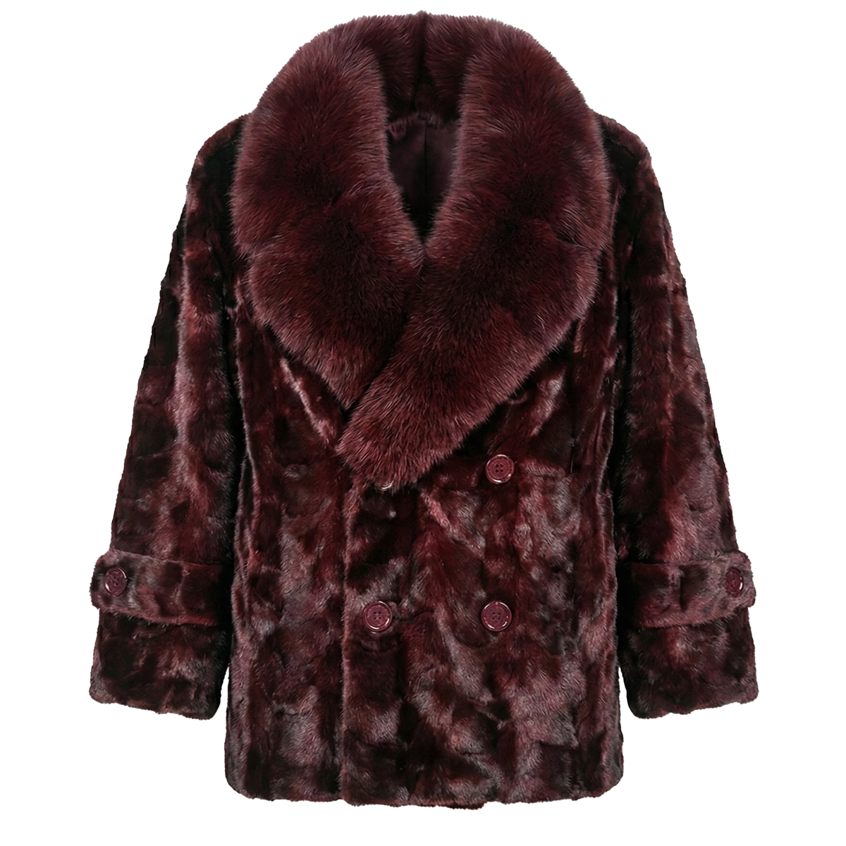 Kashani Men's Burgundy Full Mink Fur 3/4 Double Breasted Coat w/ Fox Collar