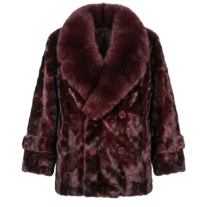 Kashani Men's Burgundy Full Mink Fur 3/4 Double Breasted Coat w/ Fox Collar
