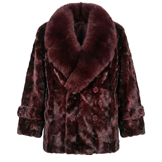 Kashani Men's Burgundy Full Mink Fur 3/4 Double Breasted Coat w/ Fox Collar