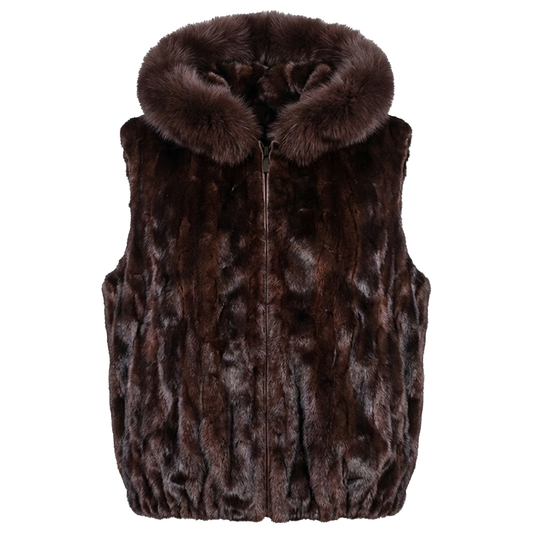 Kashani Men's Burgundy Full Mink Fur Vest w/ Detachable Fox Collar