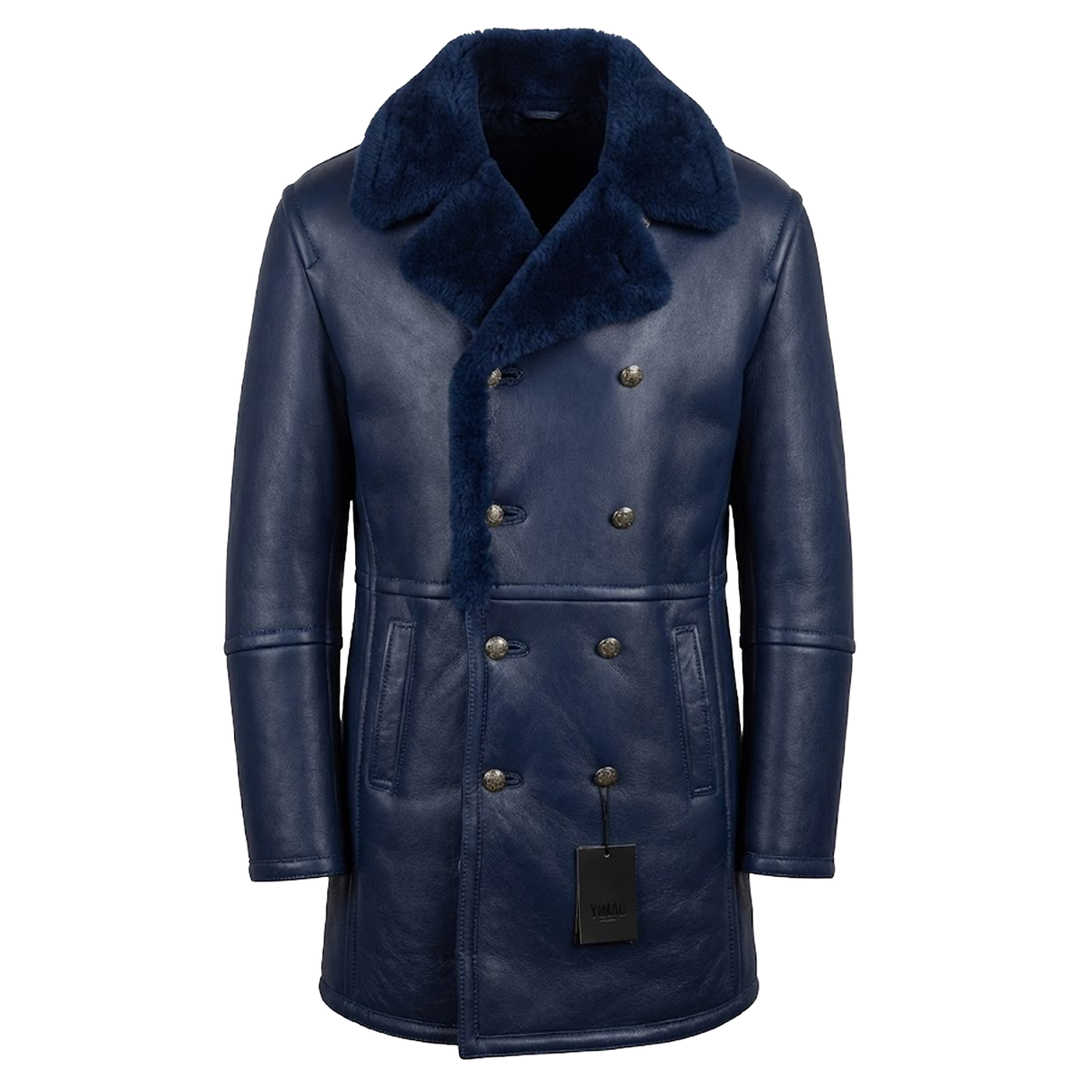 Kashani navy blue double breasted three-quarter length shearling coat