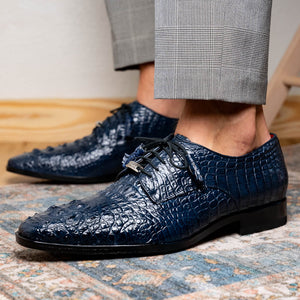 Marco Di Milano Nilo Navy Hornback Crocodile Derby Oxford Dress Shoes - Dudes Boutique